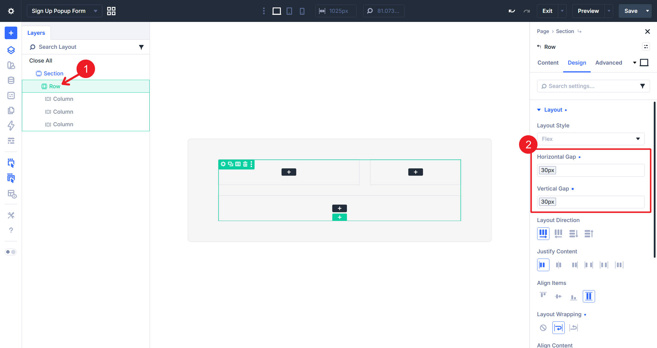 Horizontal and Vertical Gap settings on the pop-up Row