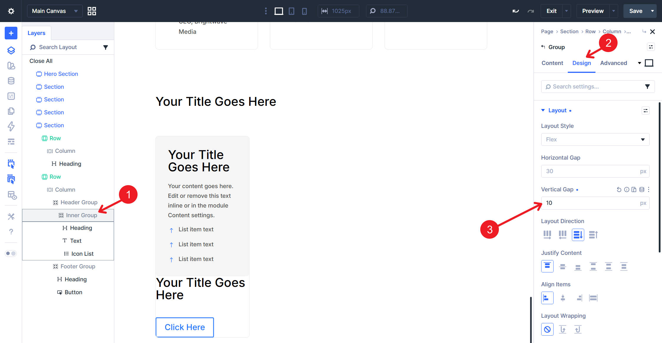 Inner Group vertical gap setting in a Divi 5 pricing card