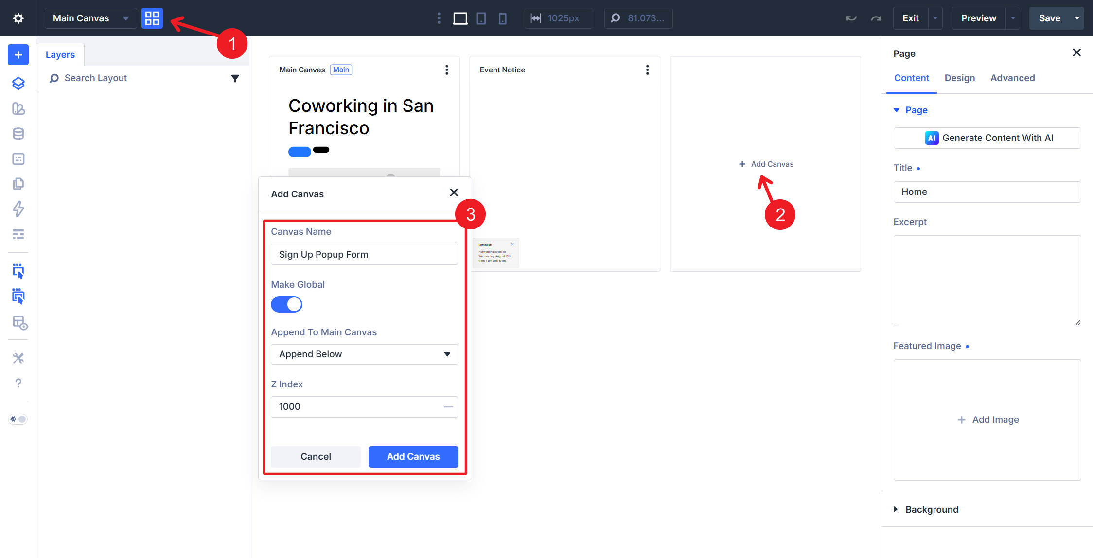 Create a Global Canvas for the email pop-up in Divi 5