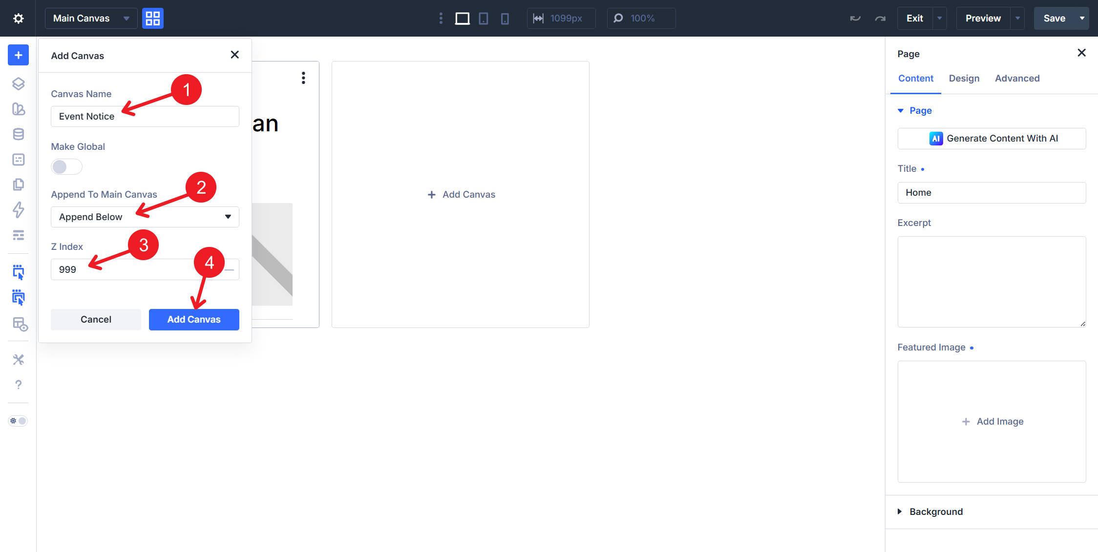 Create a local Canvas for the Event Notice in Divi 5