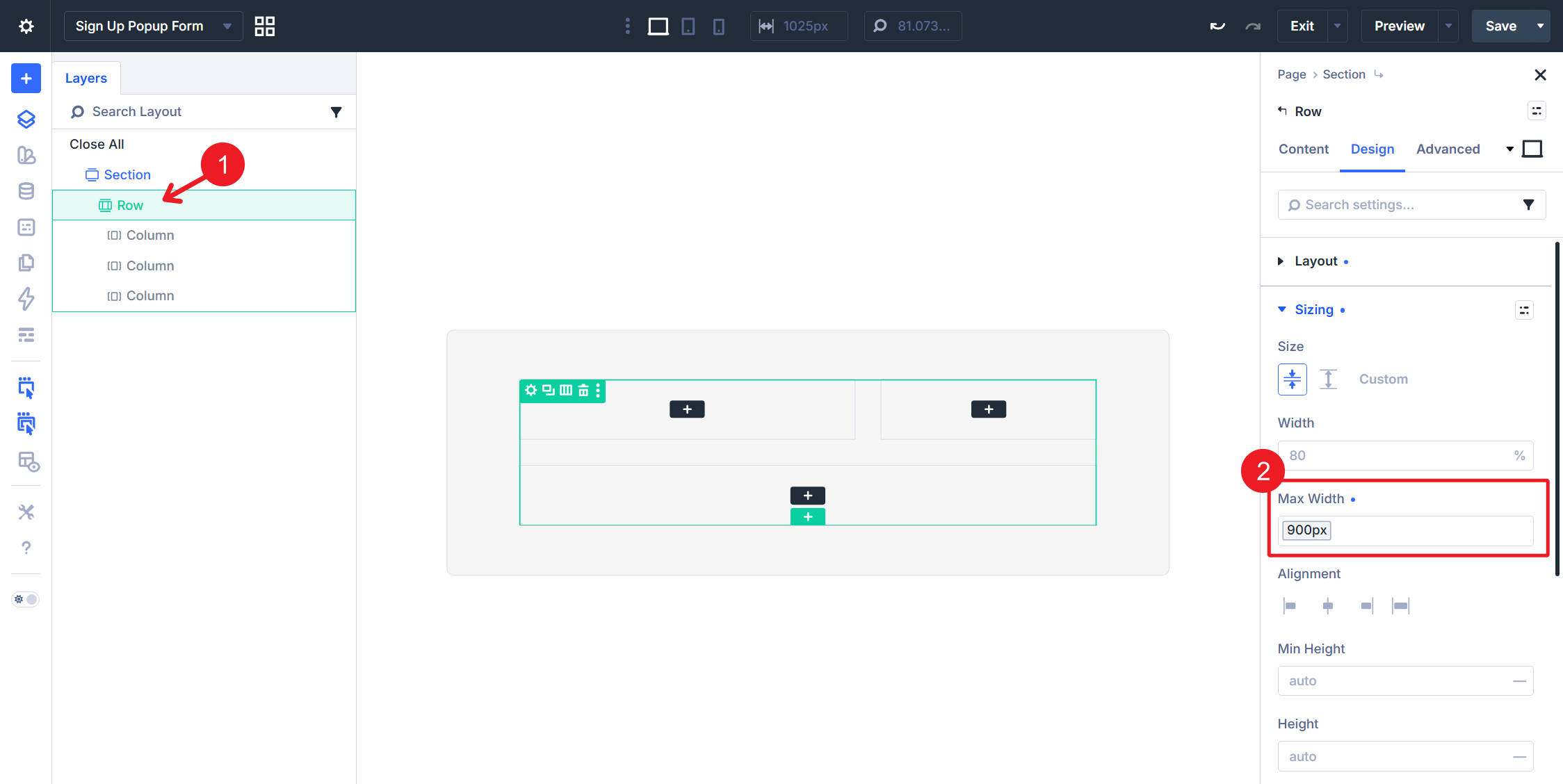 Set the pop-up Row Max Width to 900px in Divi 5