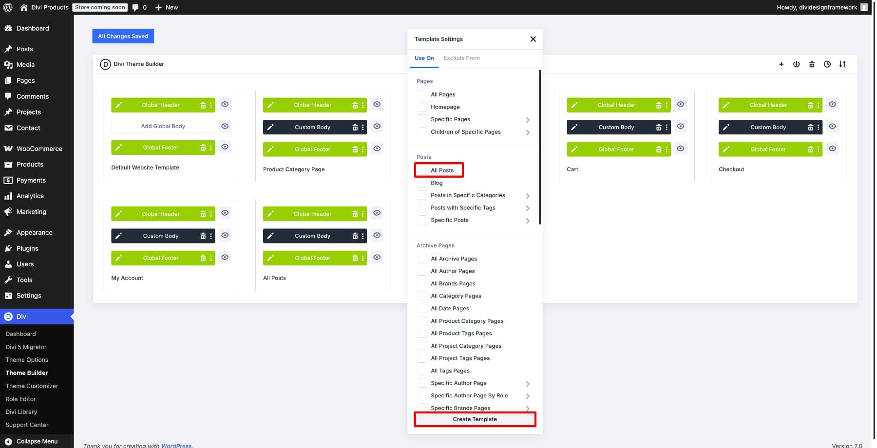 All Posts assignment option in the Divi Theme Builder