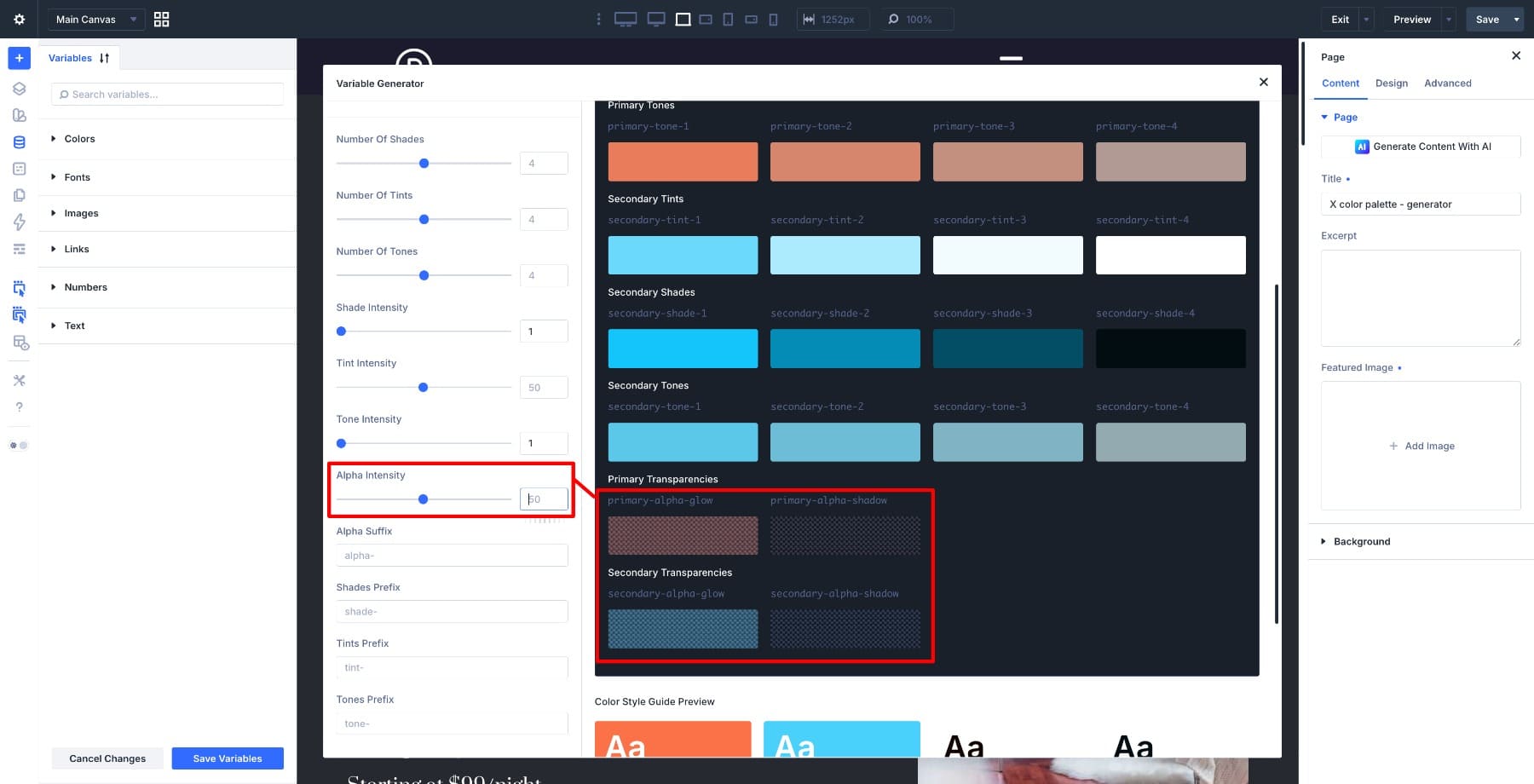 Alpha Intensity setting in Divi 5 Color Palette Generator