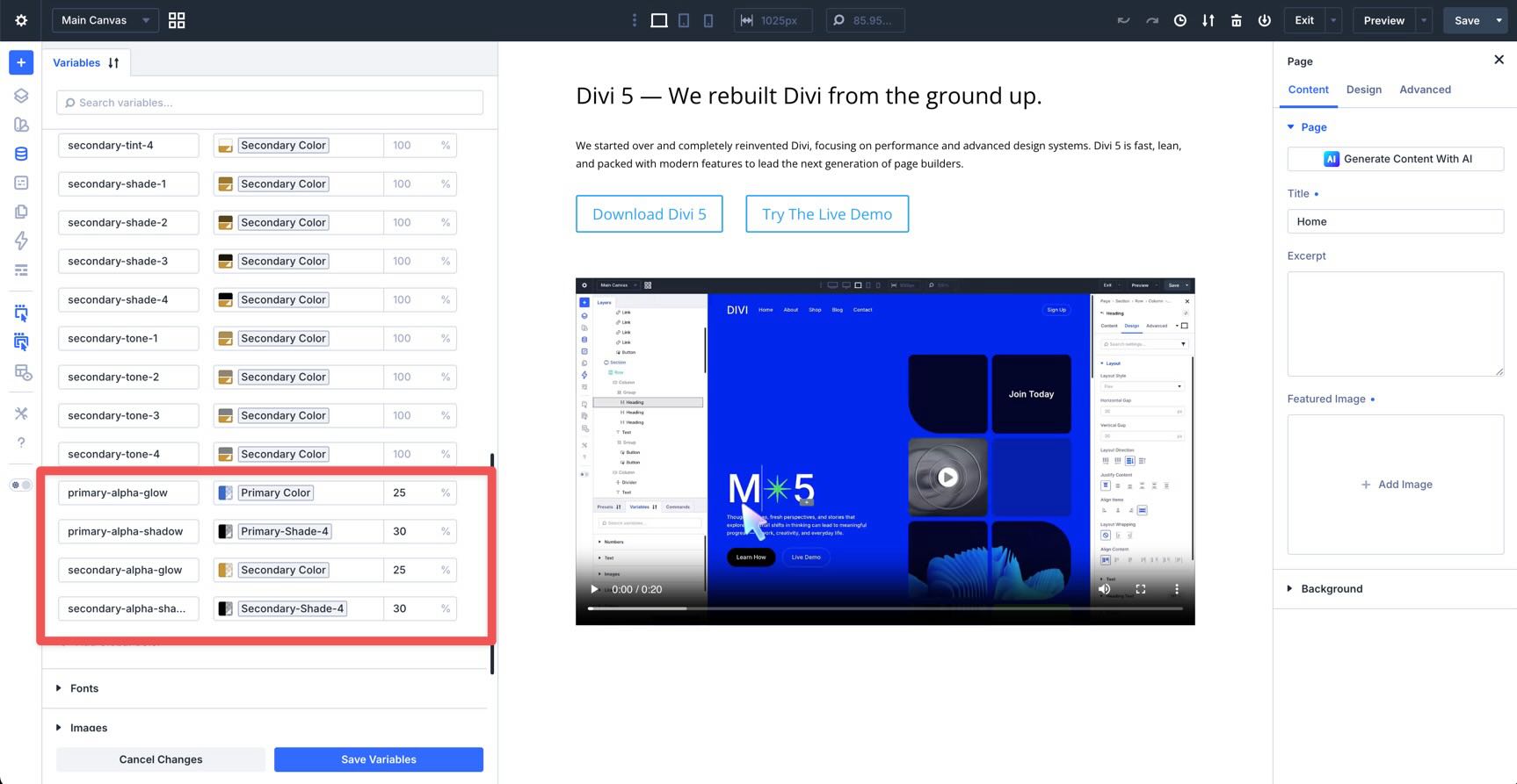 alpha color variables in divi 5