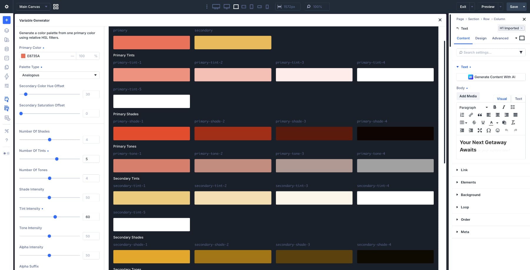 Analogous warm coral color palette generated in Divi 5
