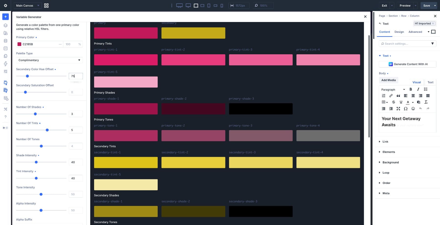 Bold magenta and gold color palette generated in Divi 5