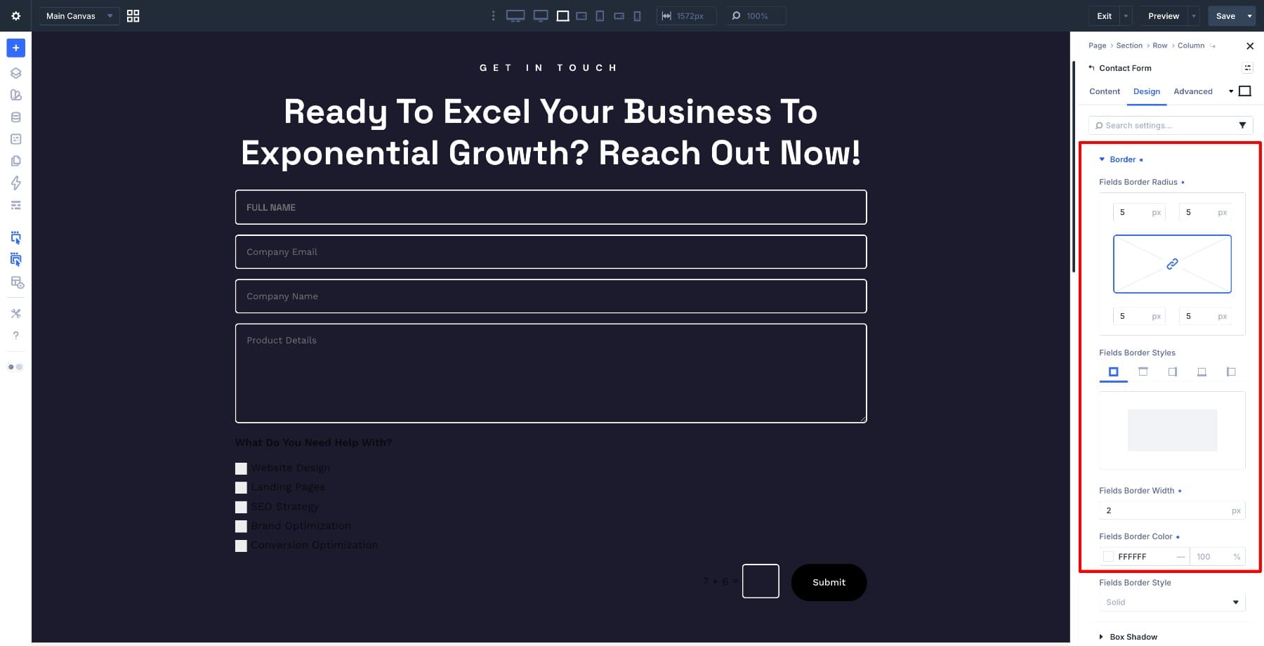 White field border settings for the contact form