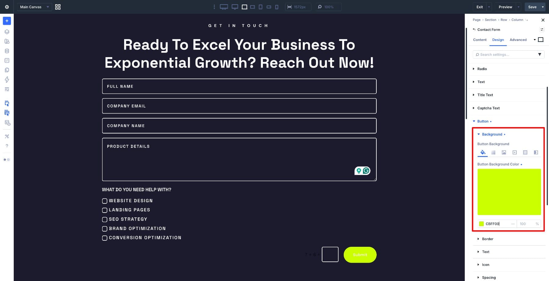 Submit button background color set to lime green