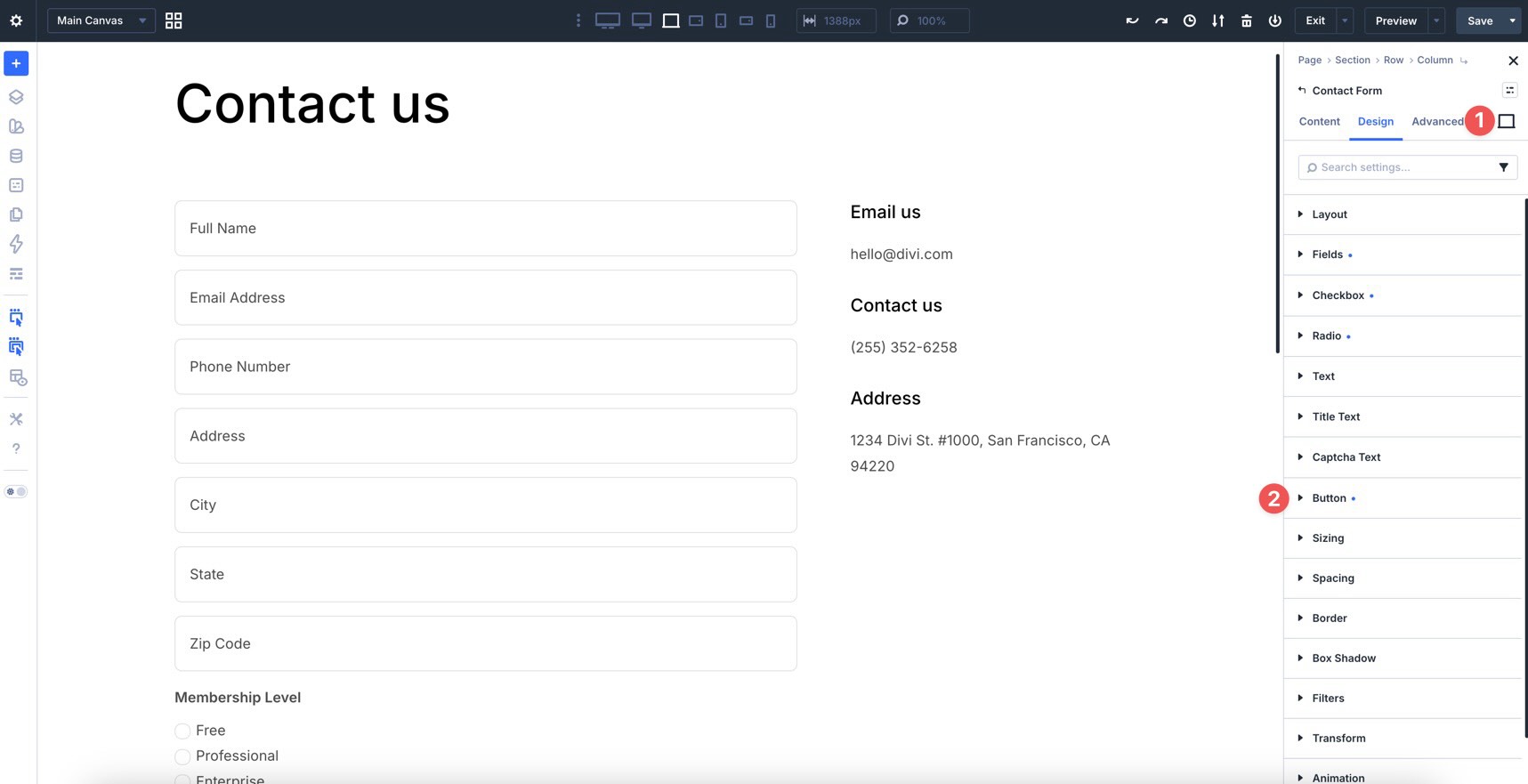 Button option group in the Divi 5 Contact Form module