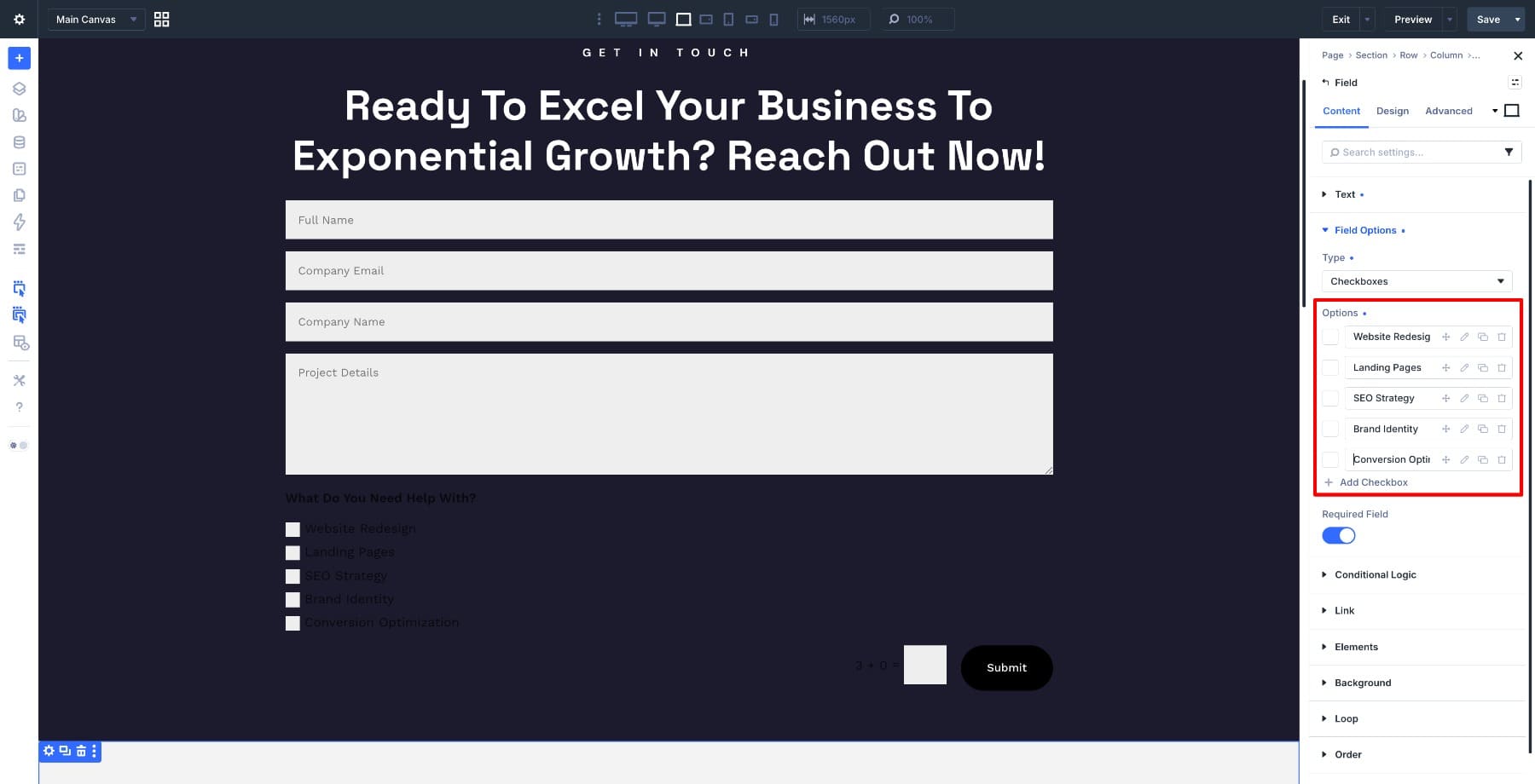 Checkbox options added to the project inquiry form