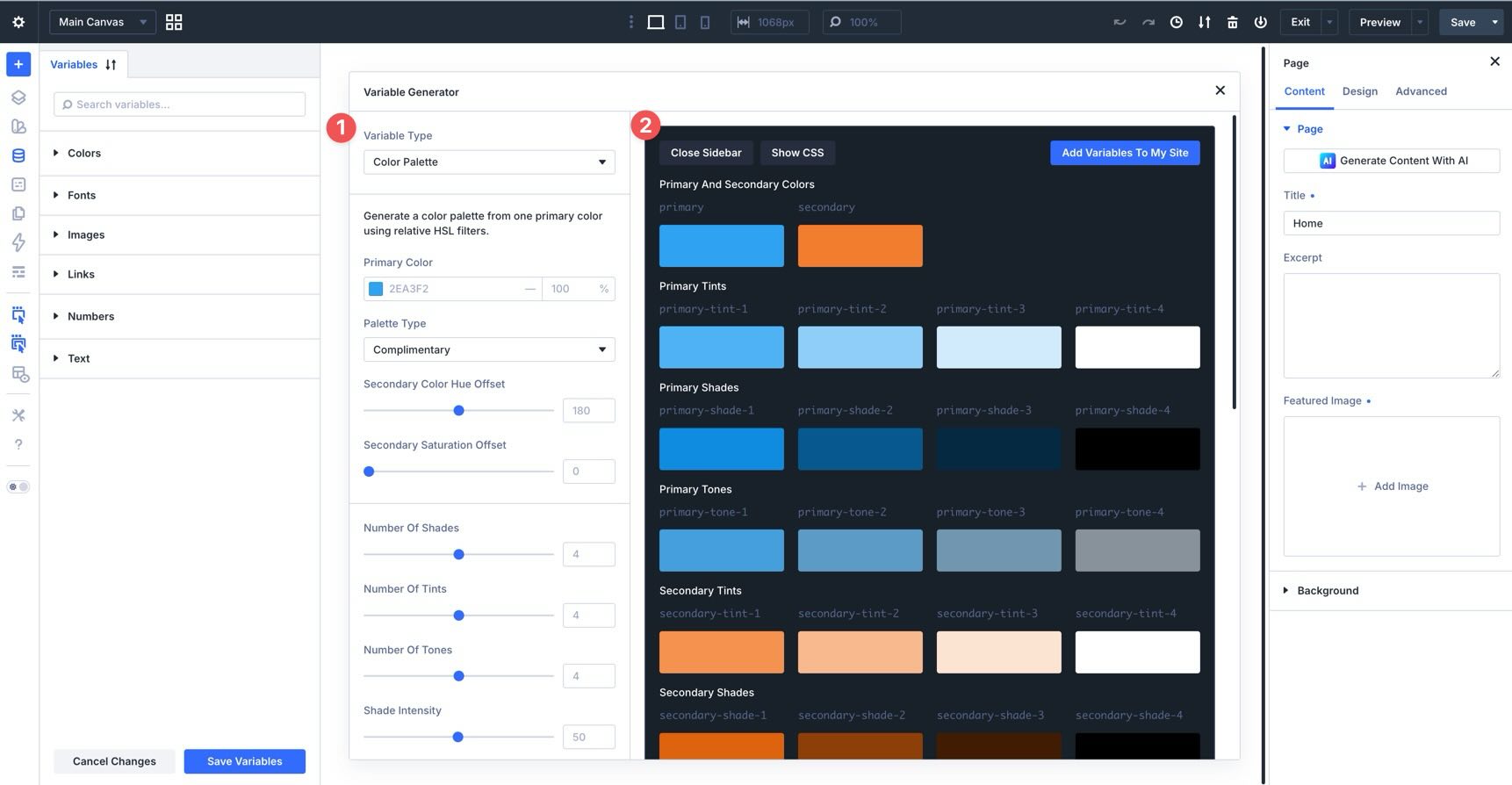 color palette variable generator interface in divi 5