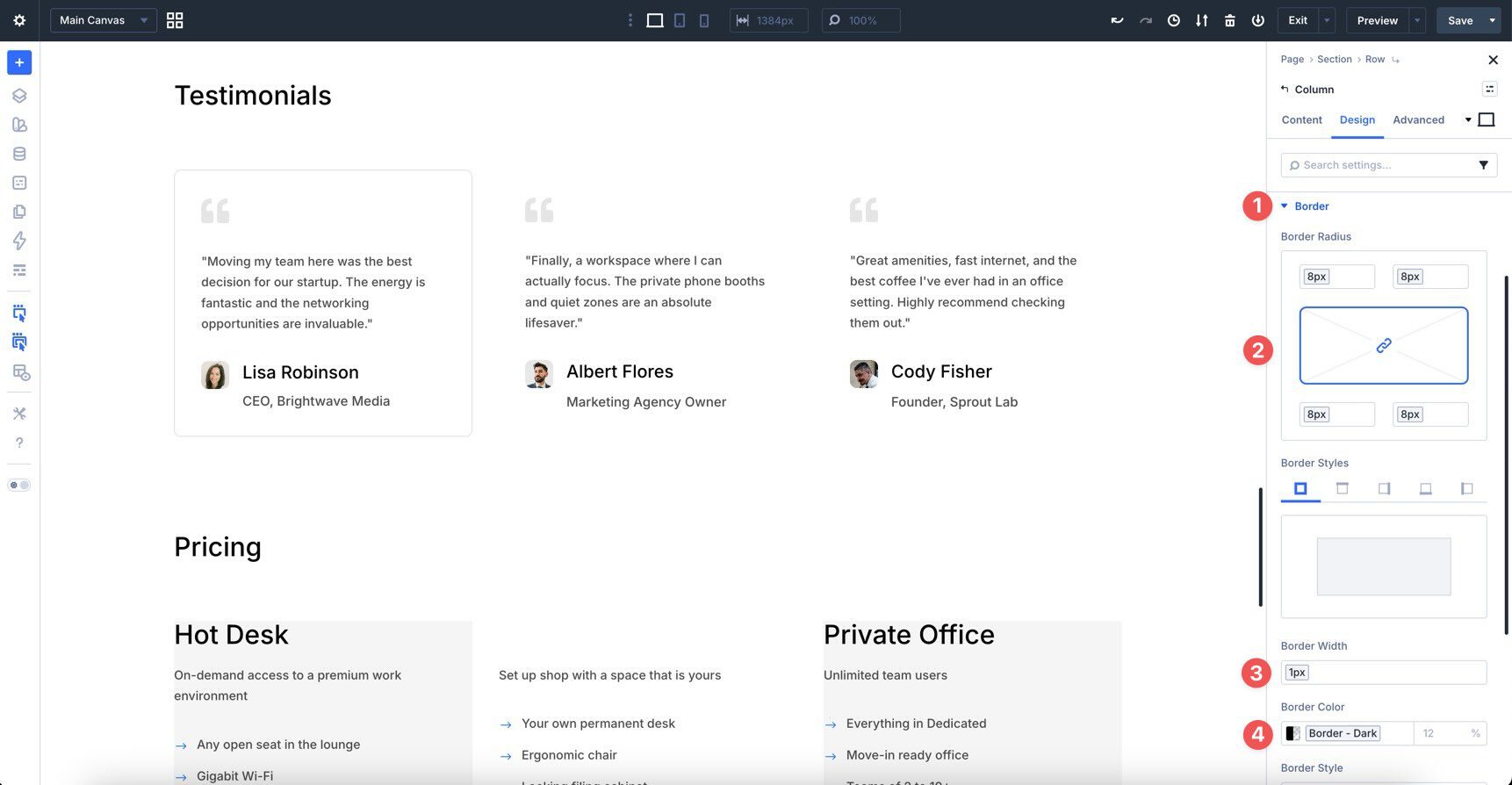 Column border preset in Divi 5