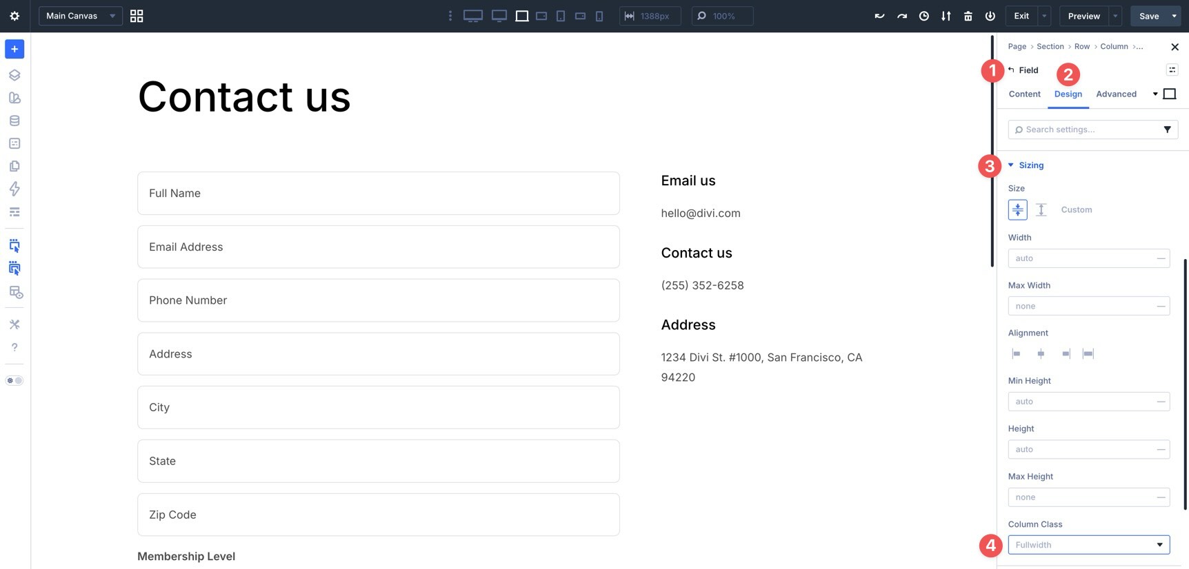 Column Class field in Divi 5 form field settings
