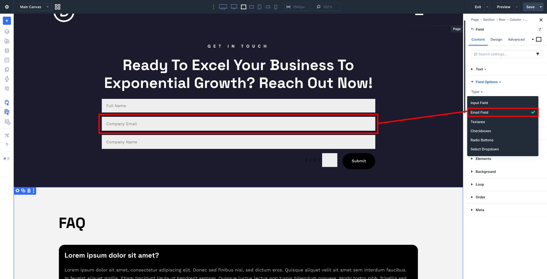 Company Email field settings in the Contact Form module