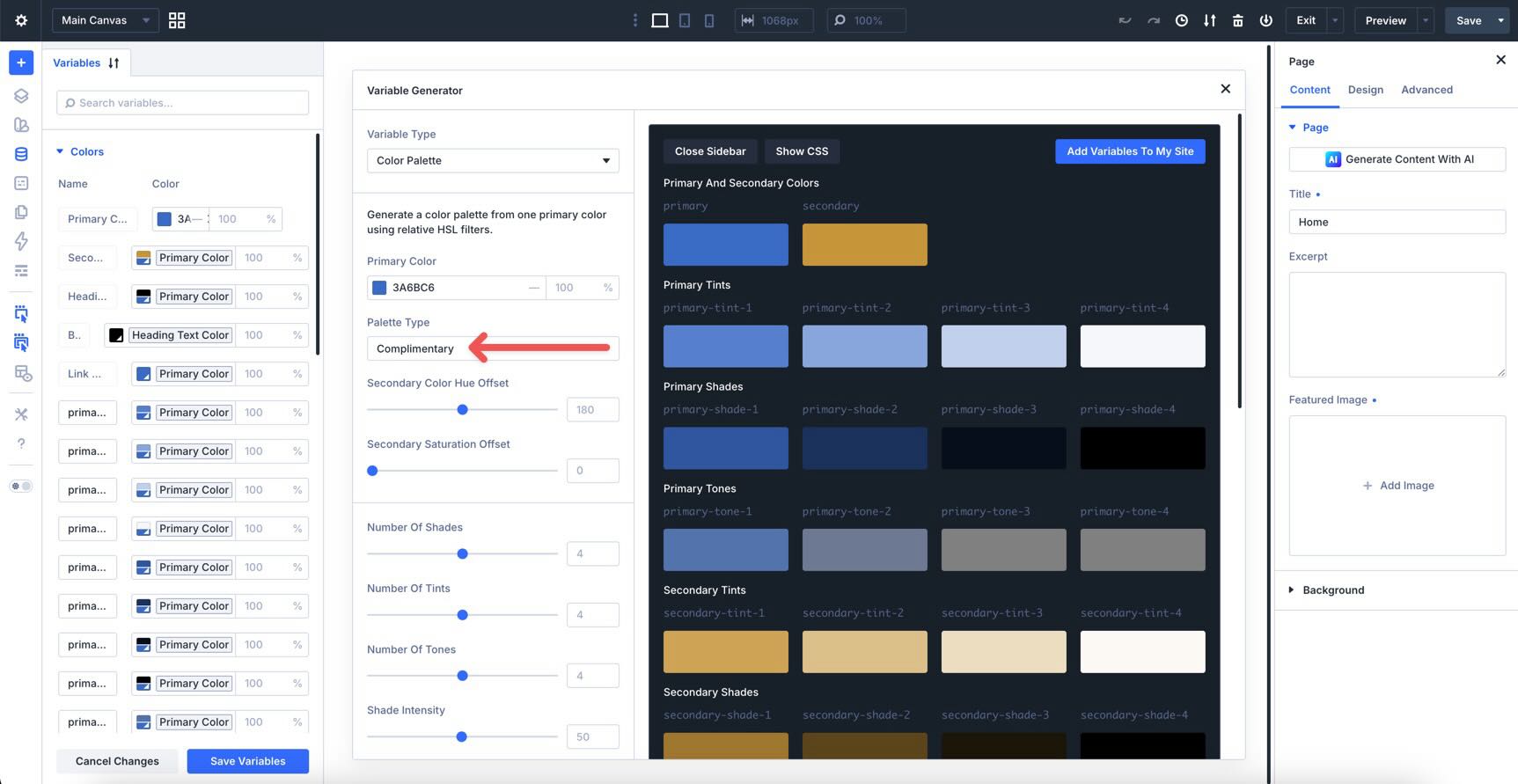 complementary color palette in divi 5