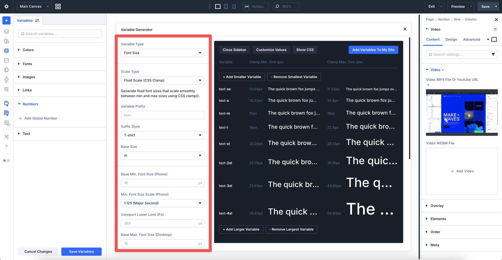 Customization sidebar in the Variable Generator