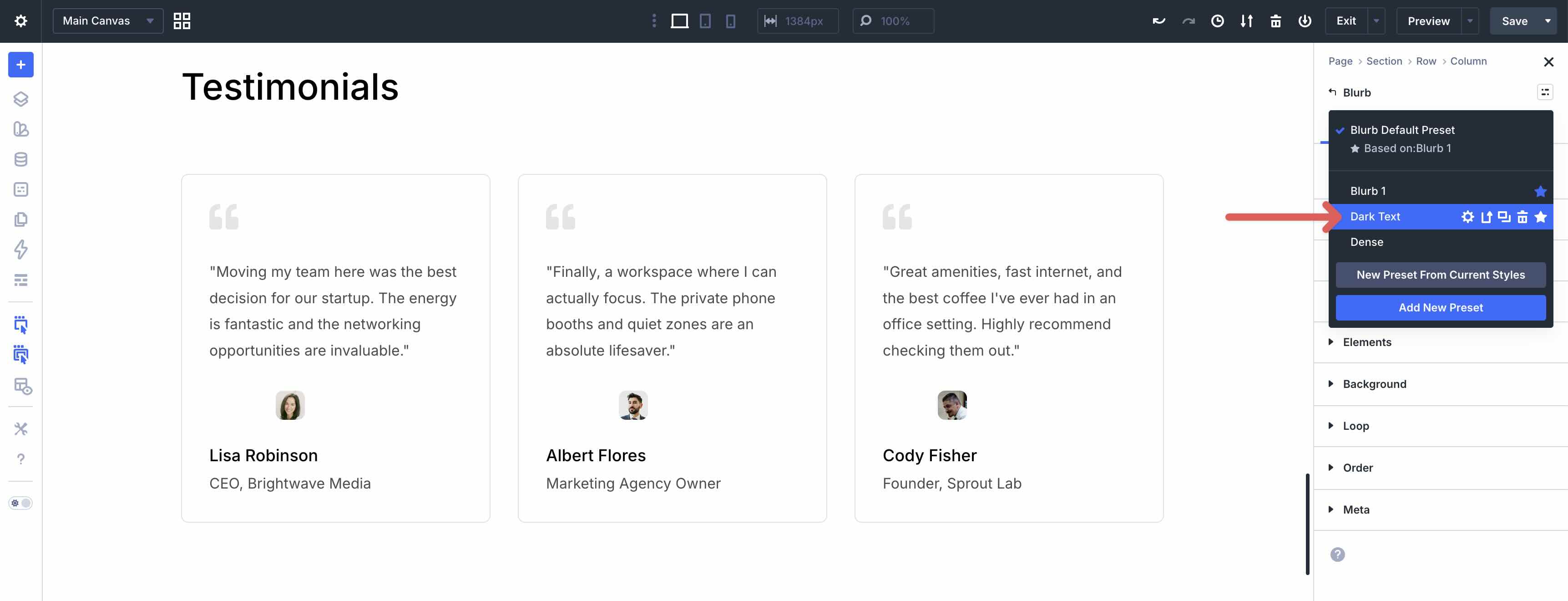 Applying a Dark Text preset to a Blurb module in Divi 5