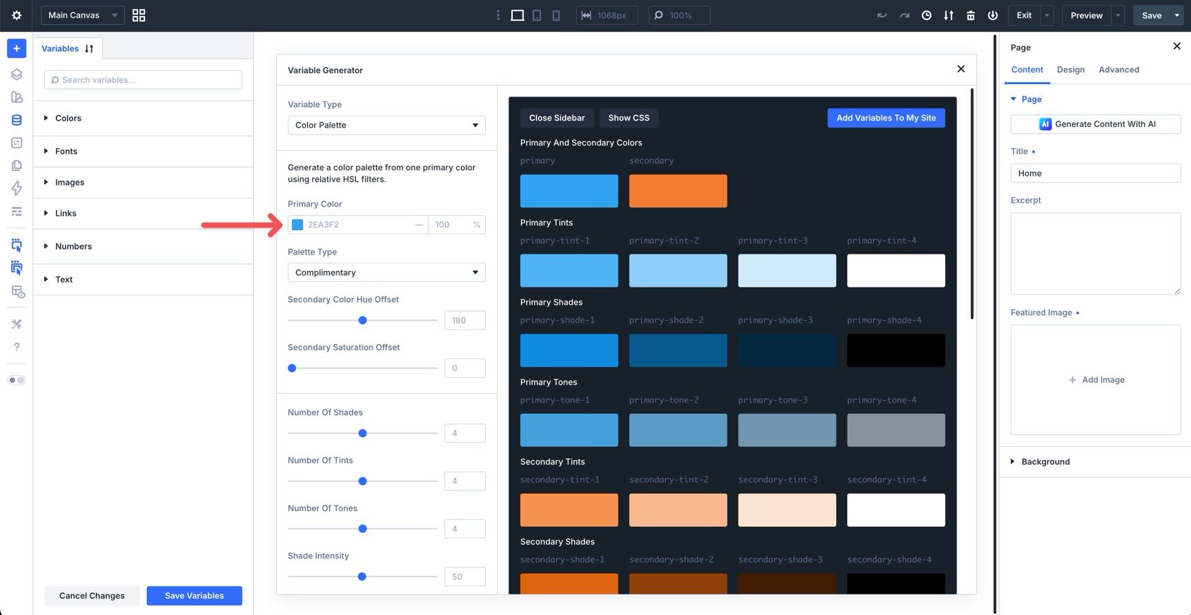 default primary color setting in divi 5 color generator