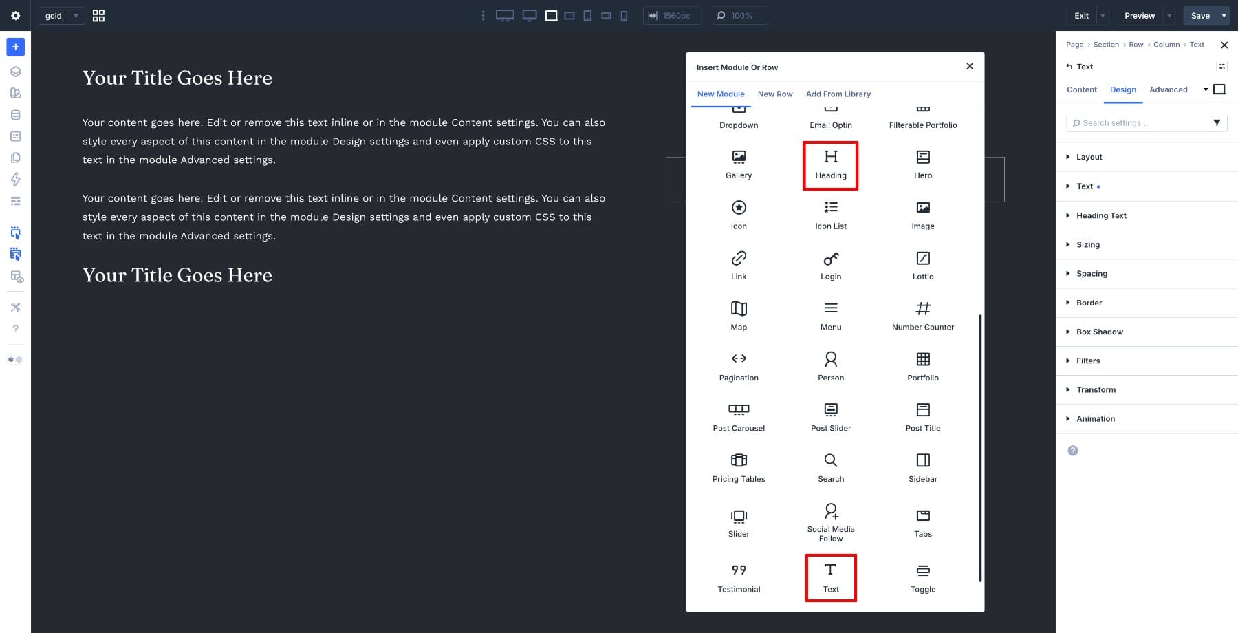 heading and text modules