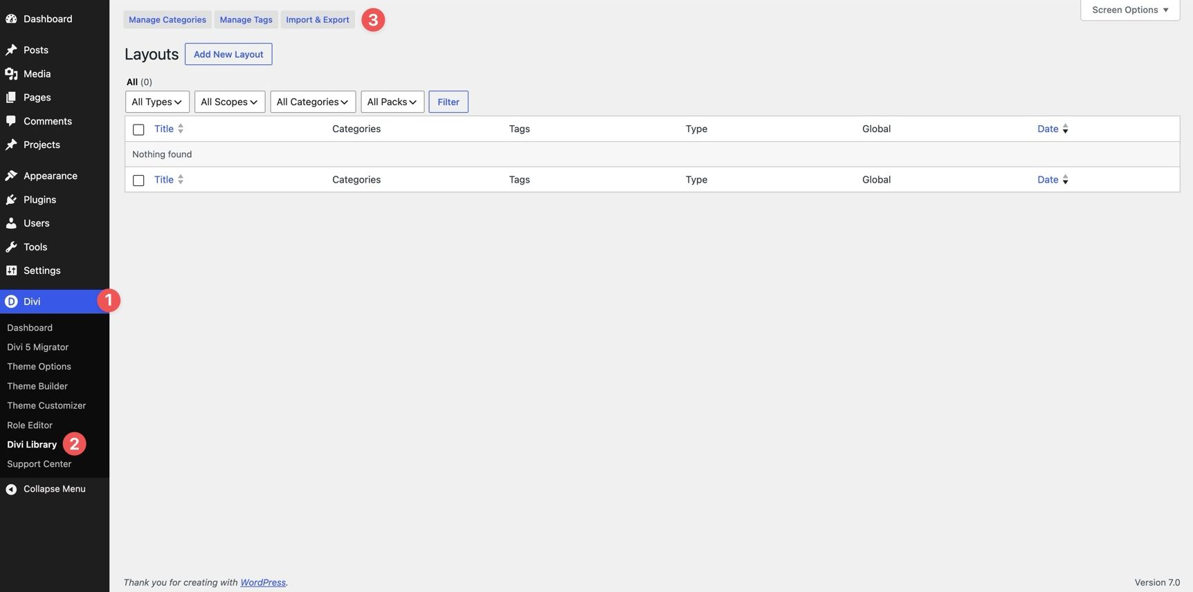 Import and Export button in the Divi Library