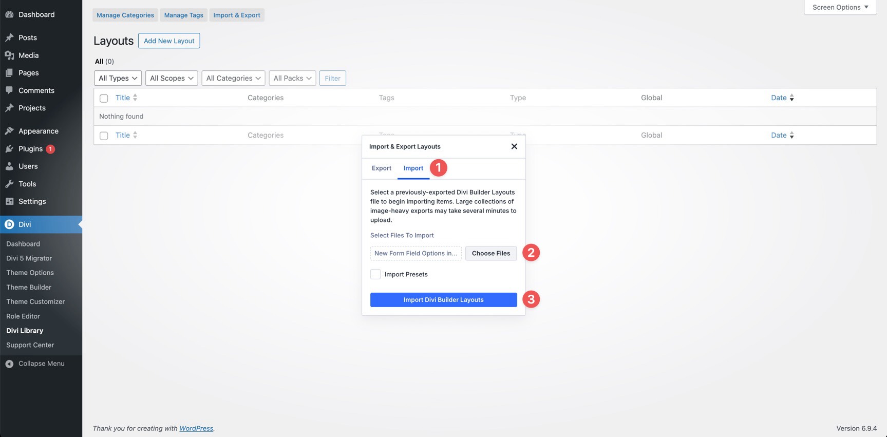 Import Divi Builder layouts into the Divi Library