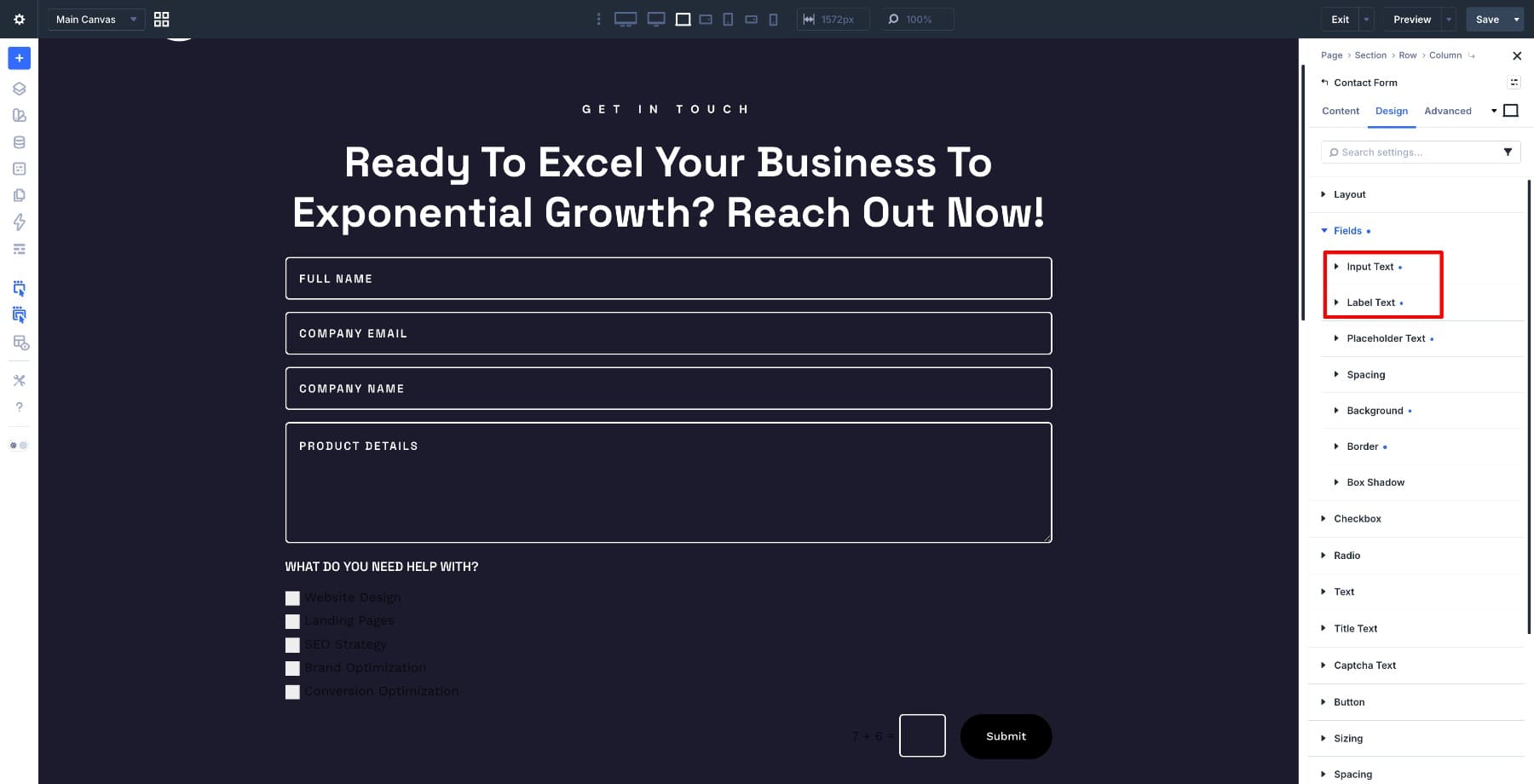 Input and label text settings for the contact form