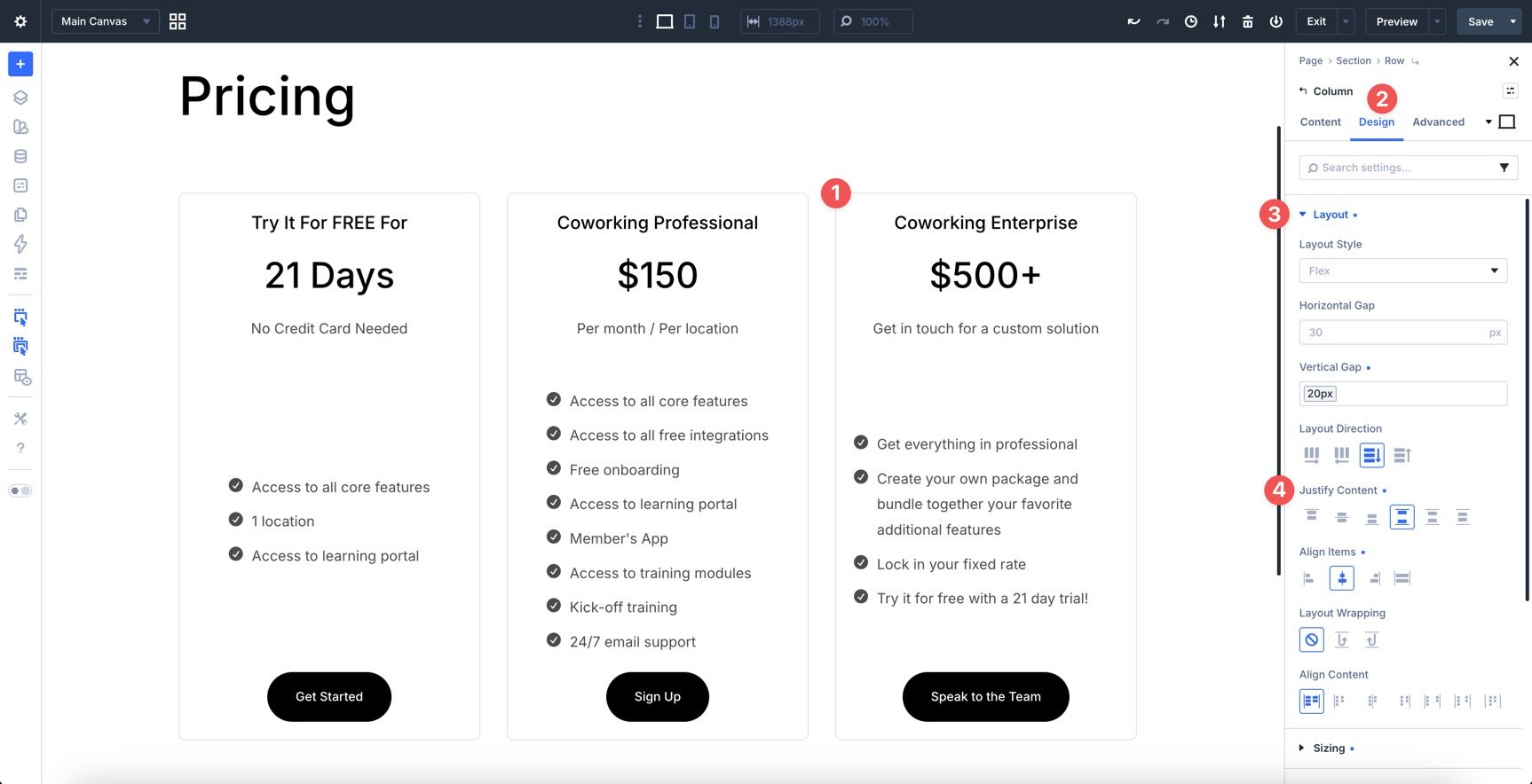 Use Justify Content in Columns to align buttons in Divi 5
