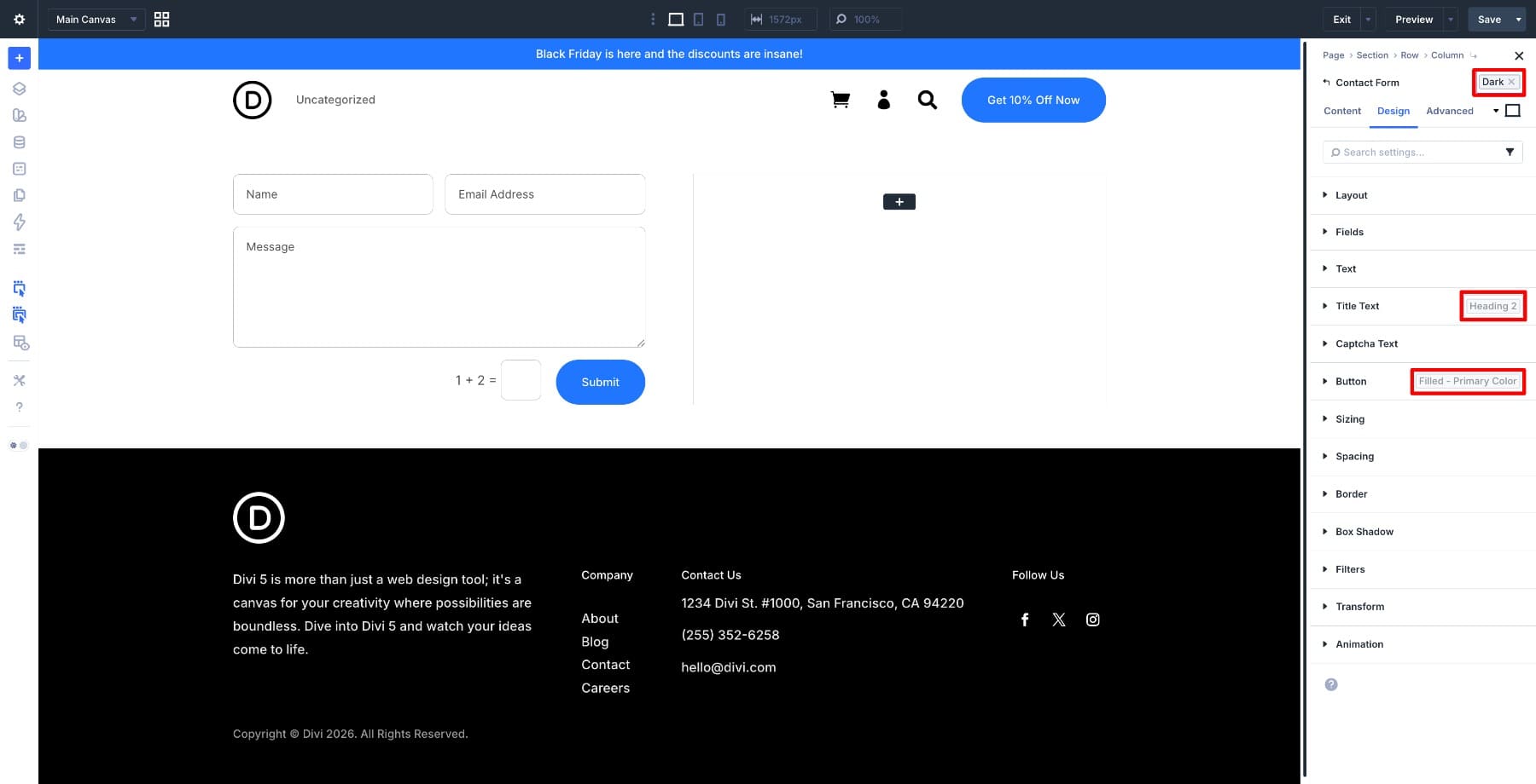 Contact Form Element Preset using a Button Option Group Preset in Divi 5