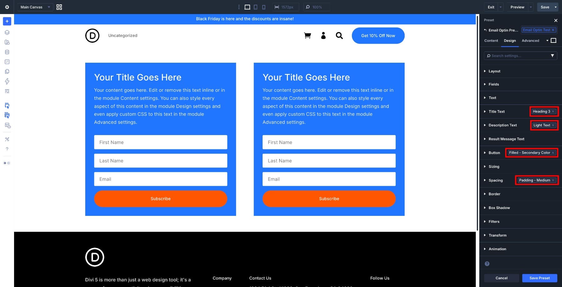 Option Group Presets included inside an Element Preset in Divi 5