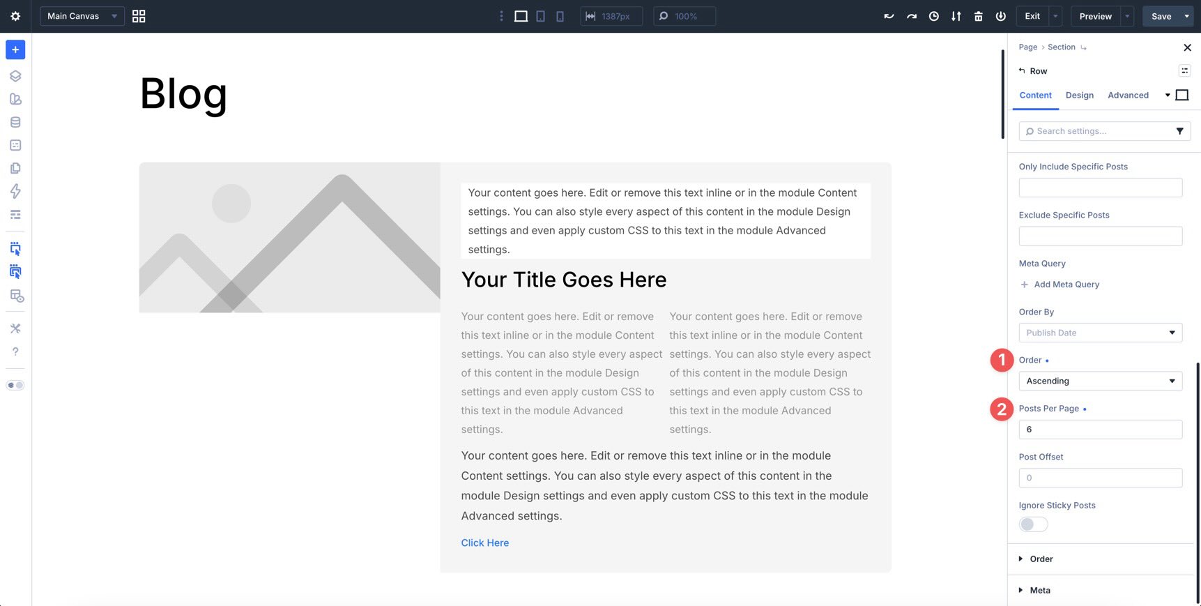 Set Loop order and posts per page in Divi 5