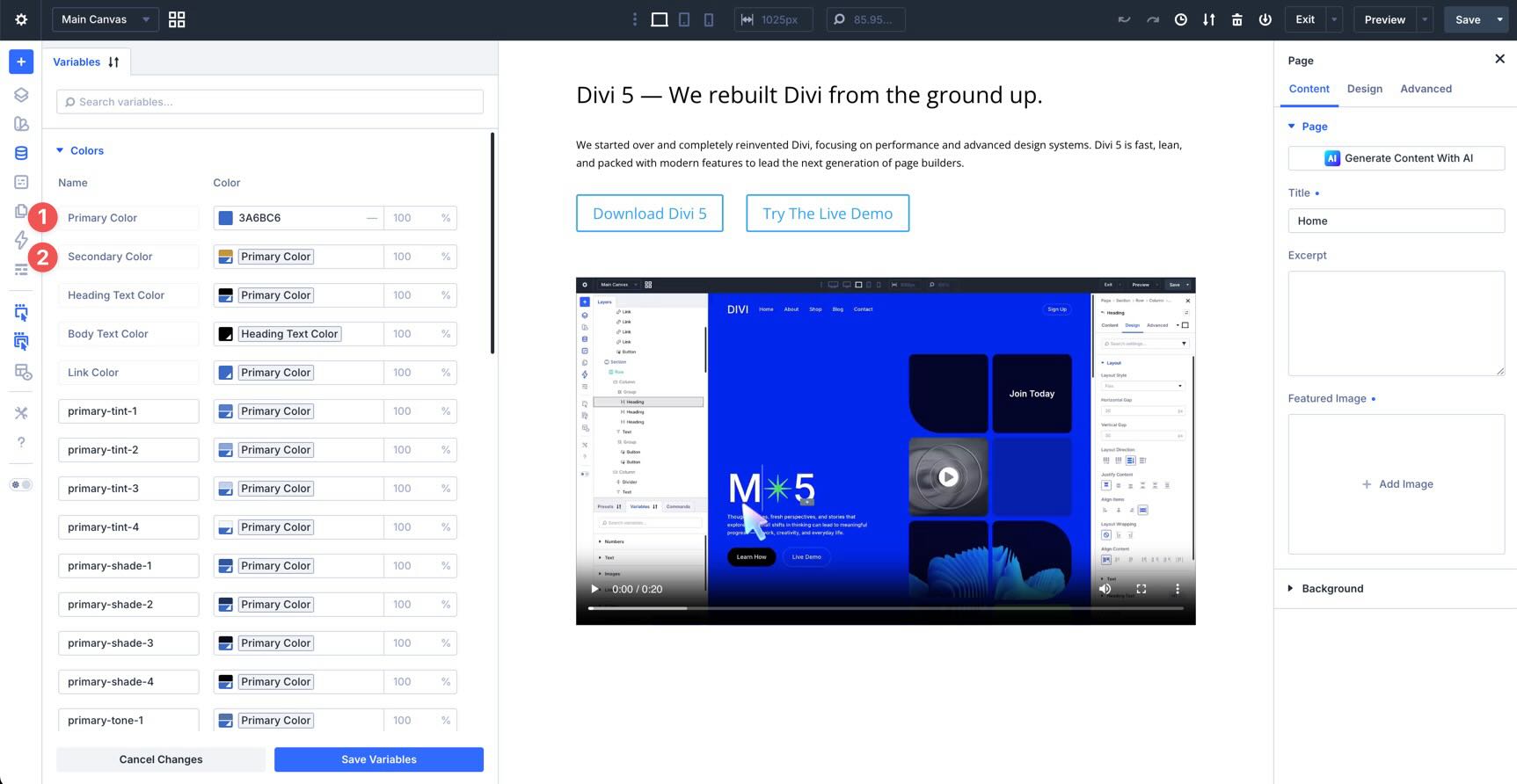 primary and secondary color variables in divi 5