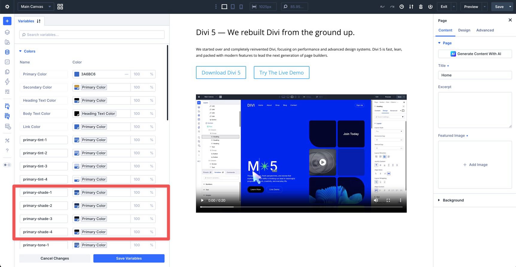 primary shade variables in divi 5