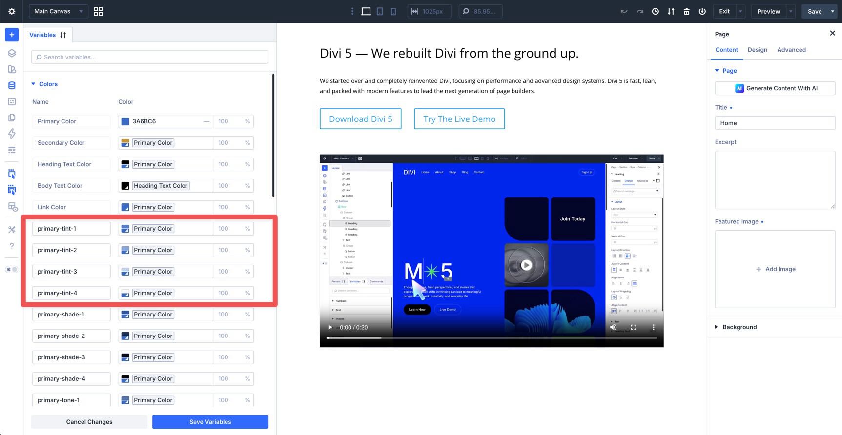 primary tint variables in divi 5