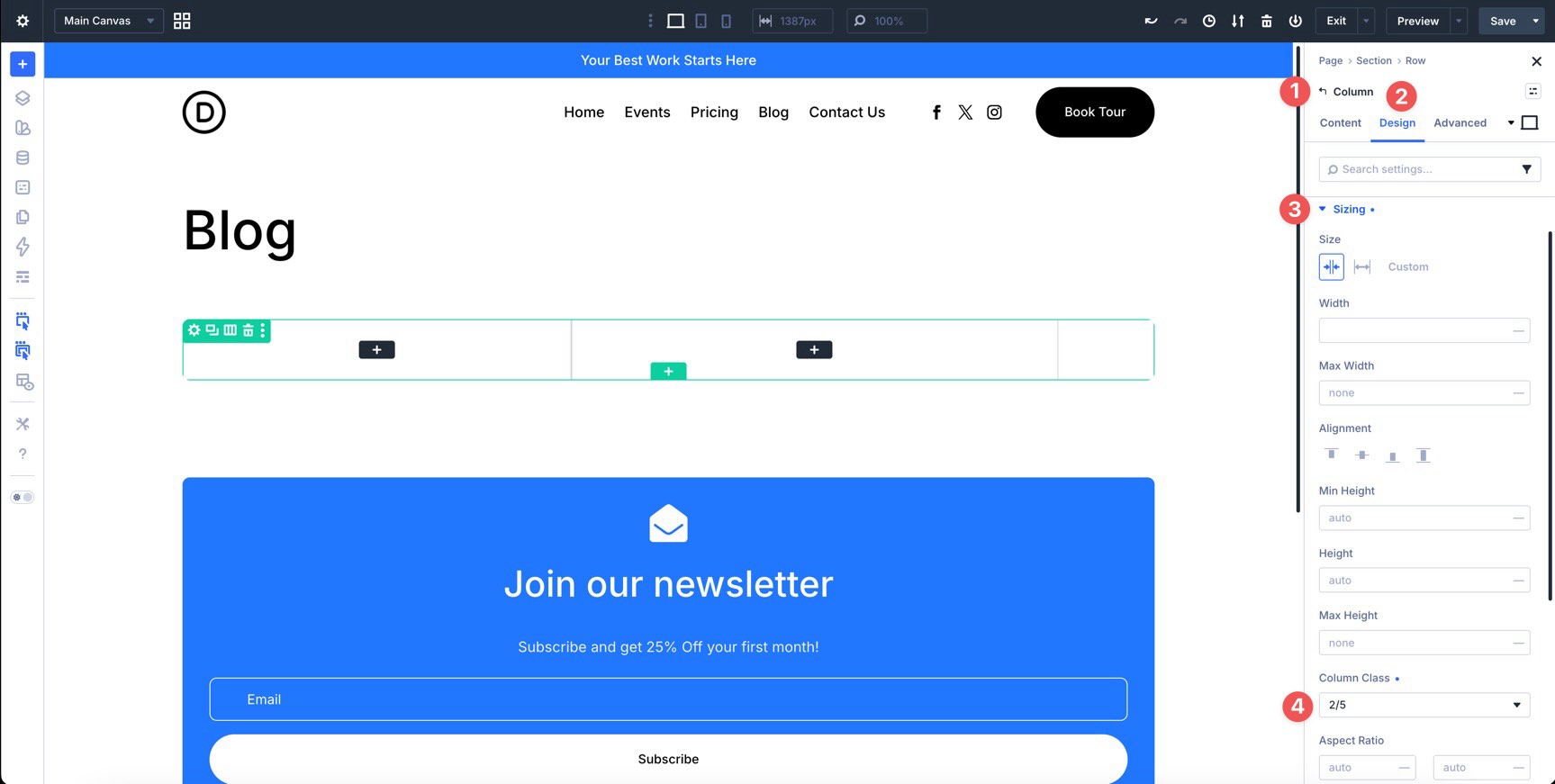 Set the first Column Class to 2/5 in Divi 5