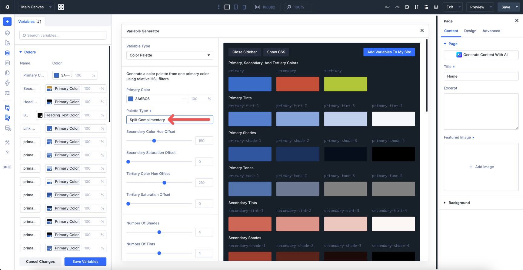 split complementary palette type in divi 5