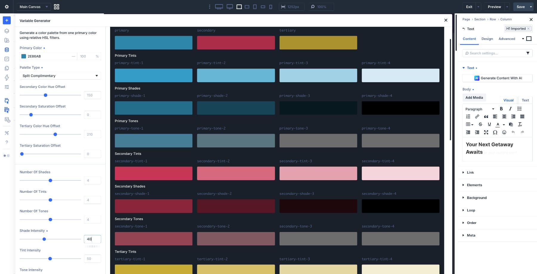 Split complementary blue red and gold palette generated in Divi 5