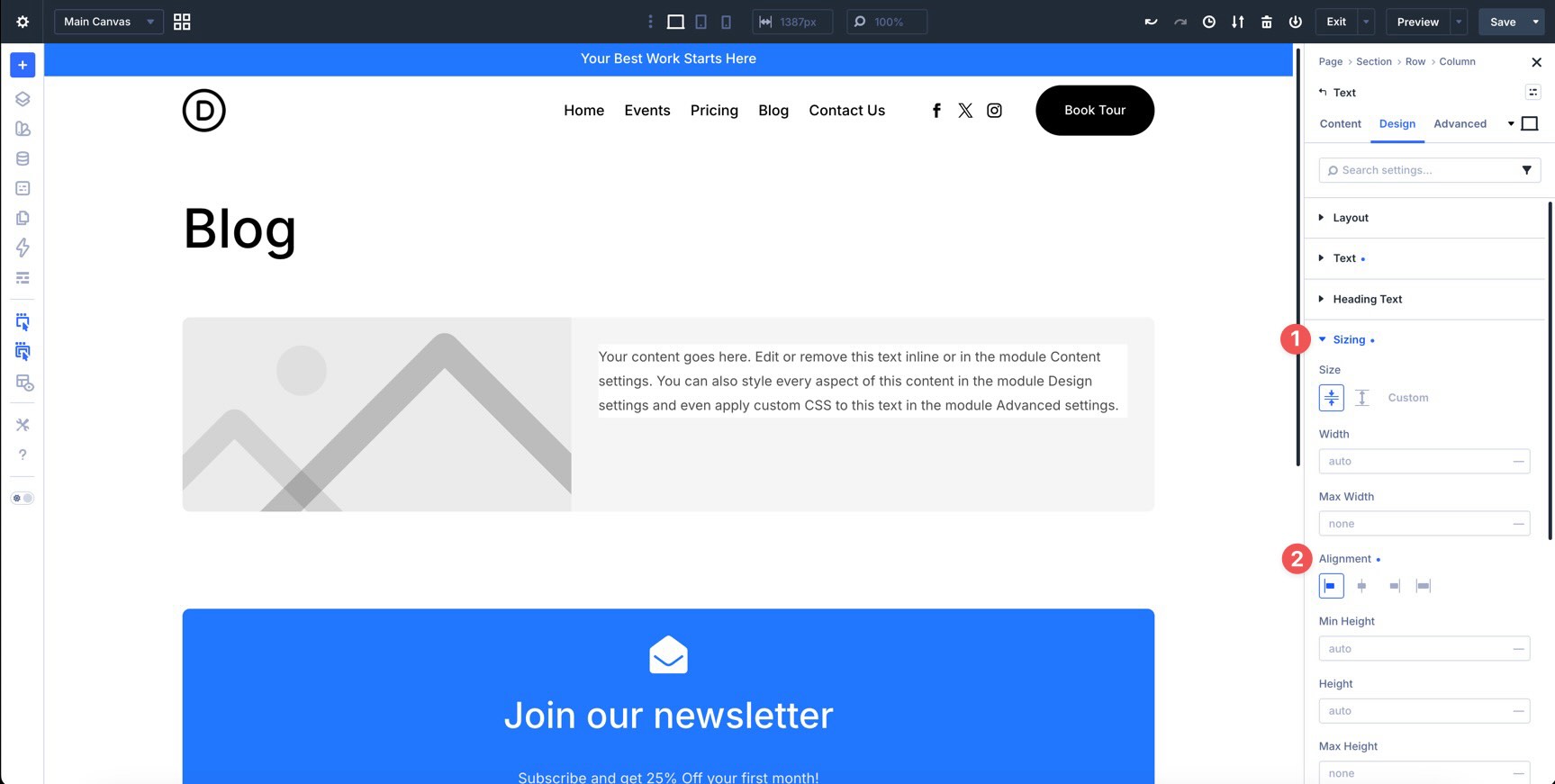 Set module alignment to Start in Divi 5