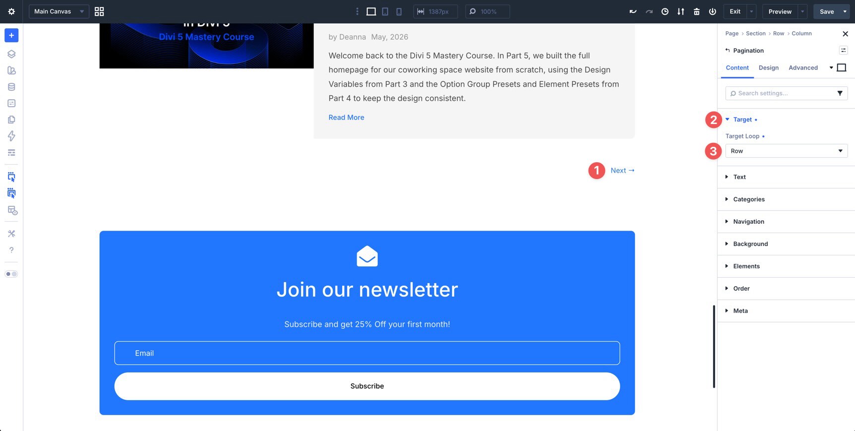 Select the Target Loop for the Pagination module in Divi 5