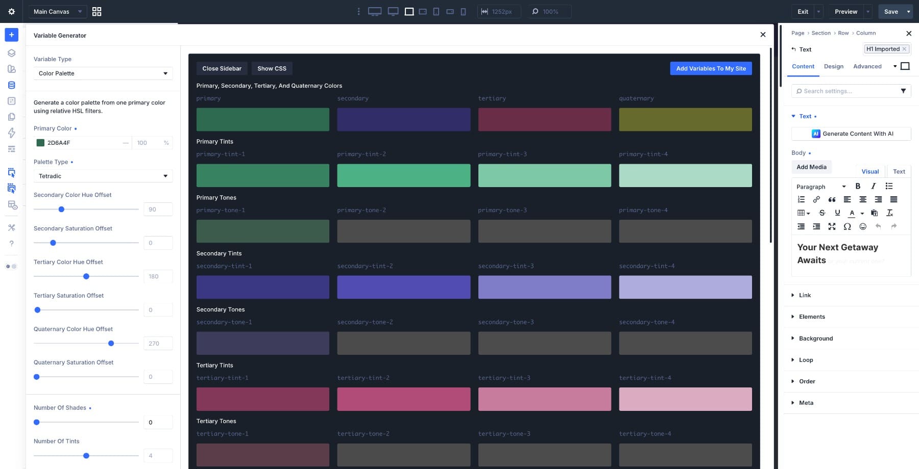 Tetradic forest green indigo burgundy and olive color palette generated in Divi 5