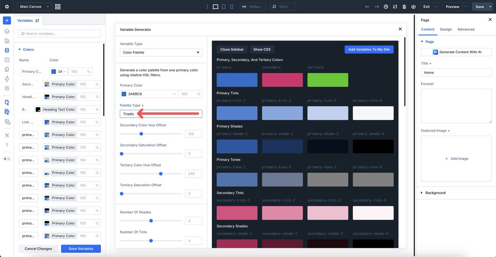 triadic palette type in divi 5