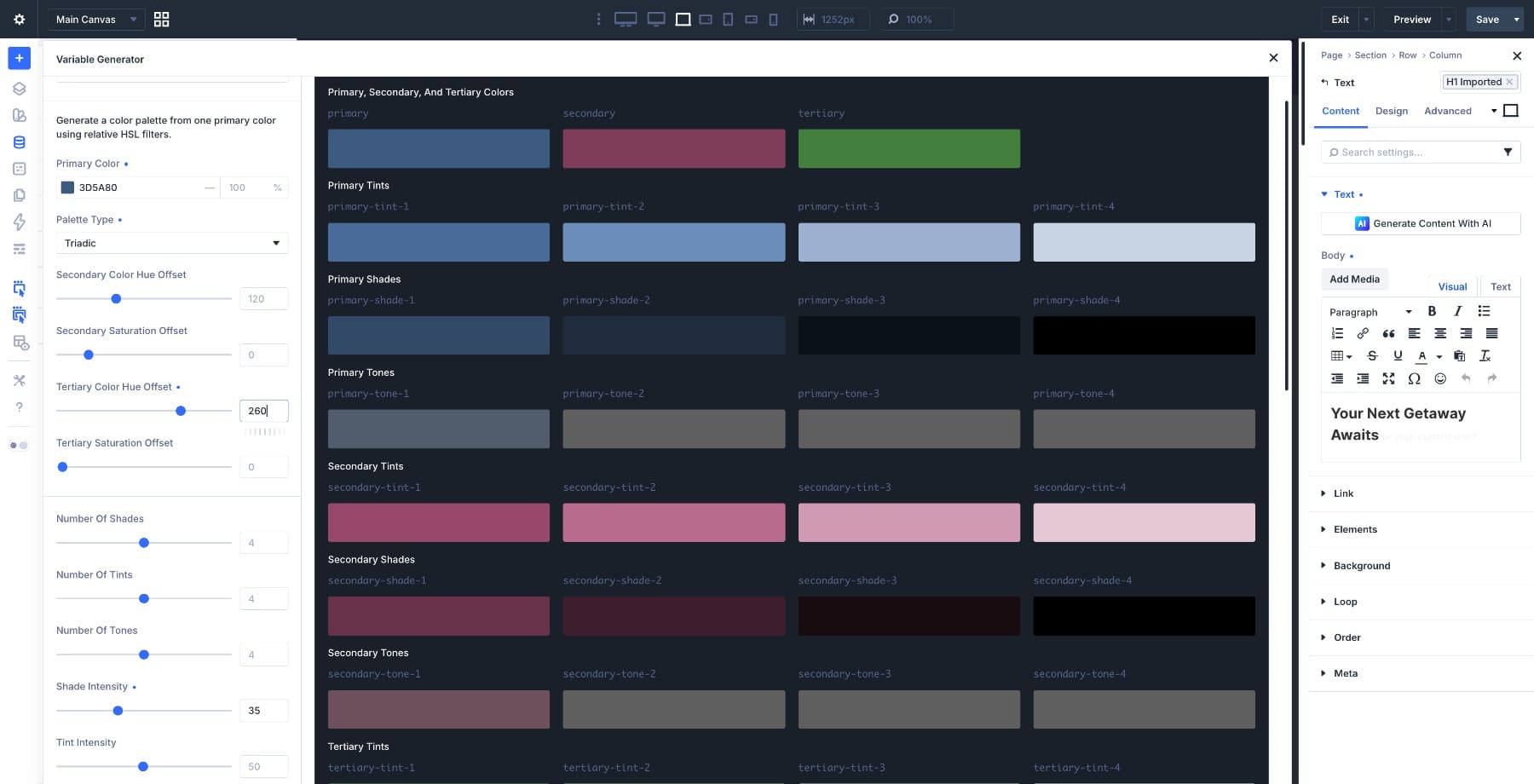 Triadic steel blue rose and olive color palette generated in Divi 5