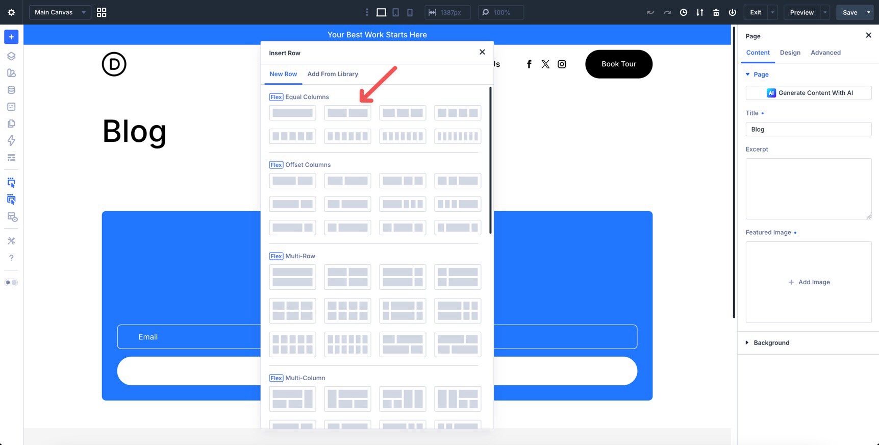 Add a two-column Row in the Divi 5 Visual Builder
