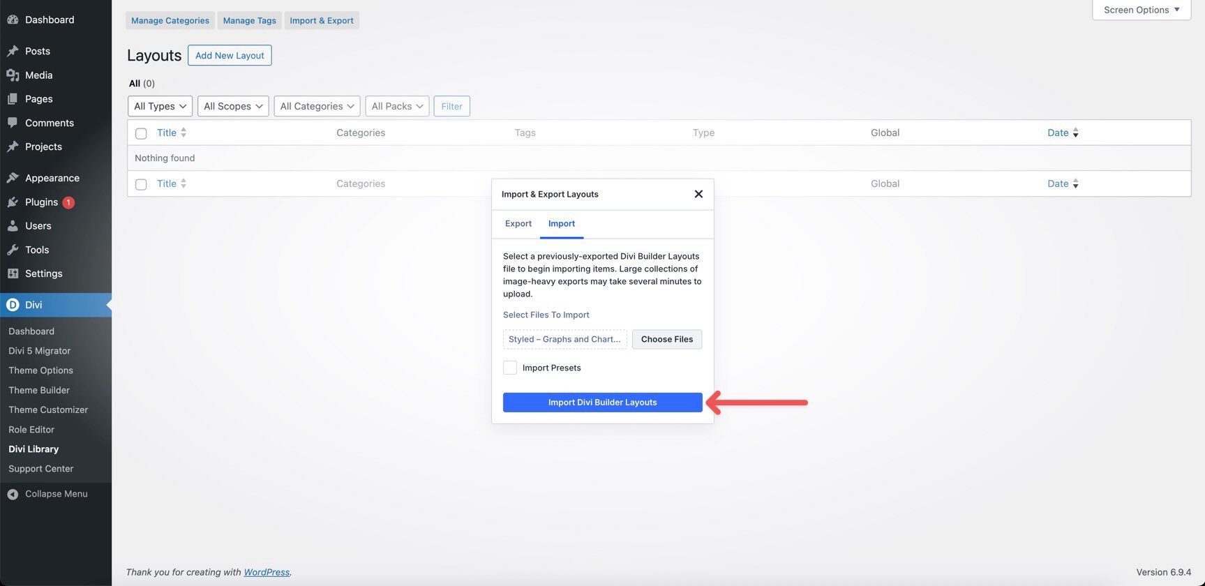 Divi Library import screen