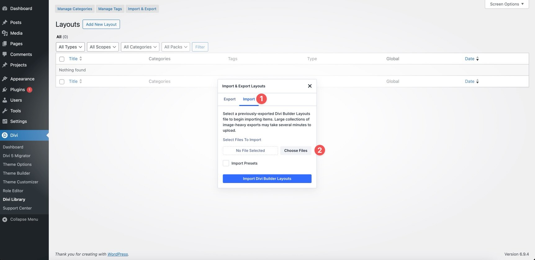 Divi Library import screen