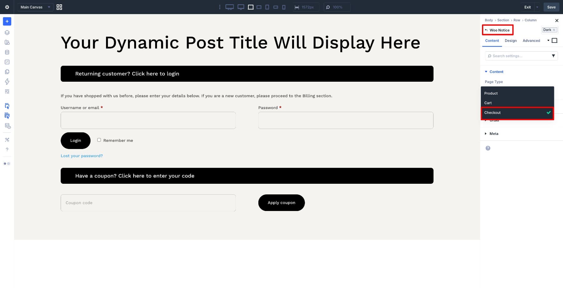 Woo Notice module set to Checkout in Divi 5
