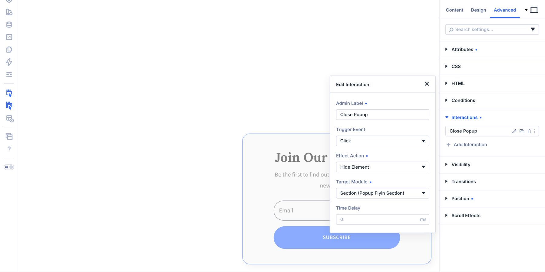 Setting up the close Interaction for the minimalist popup