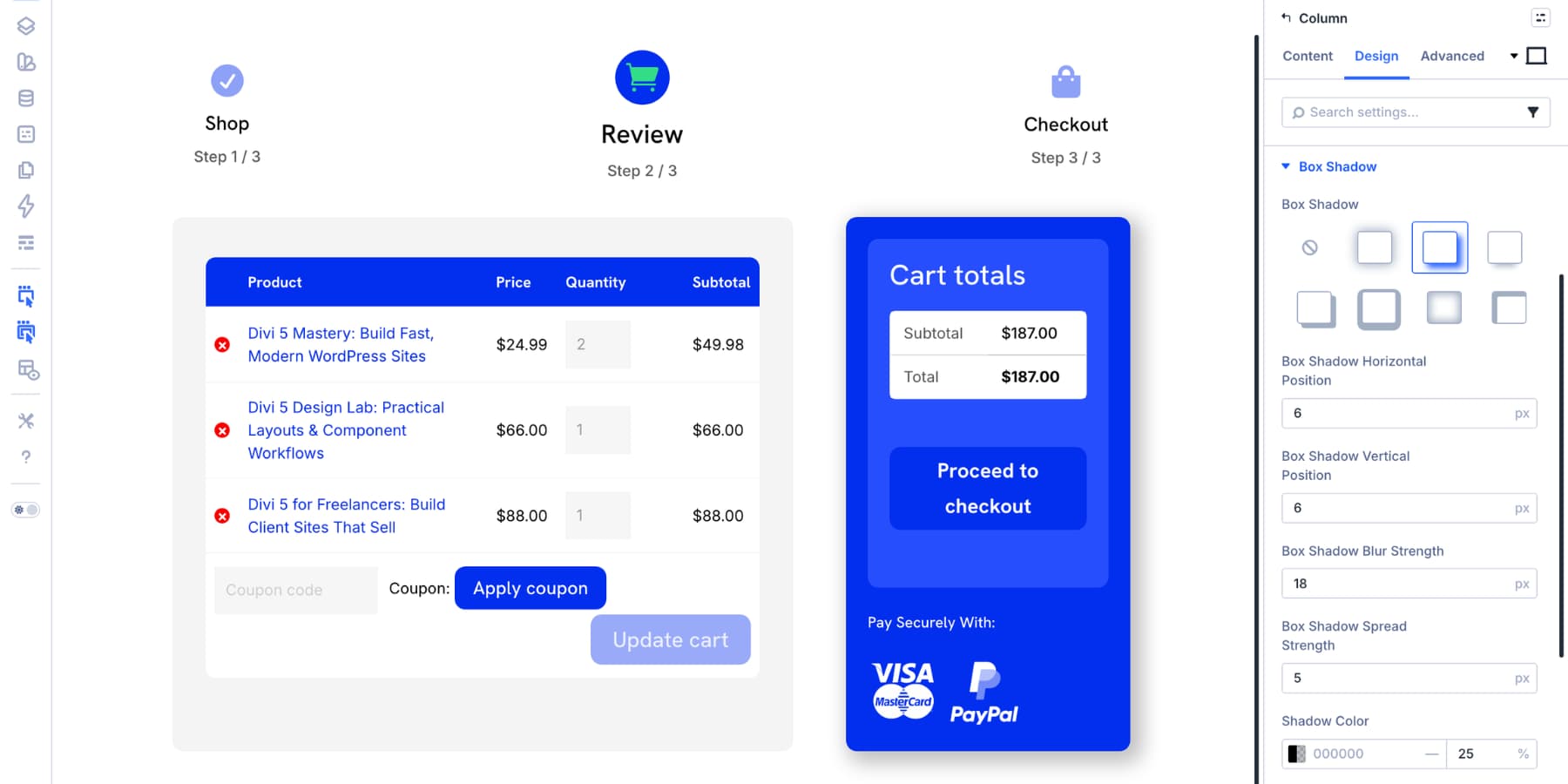 add a box shadow to the Woo Cart Totals column in Divi 5