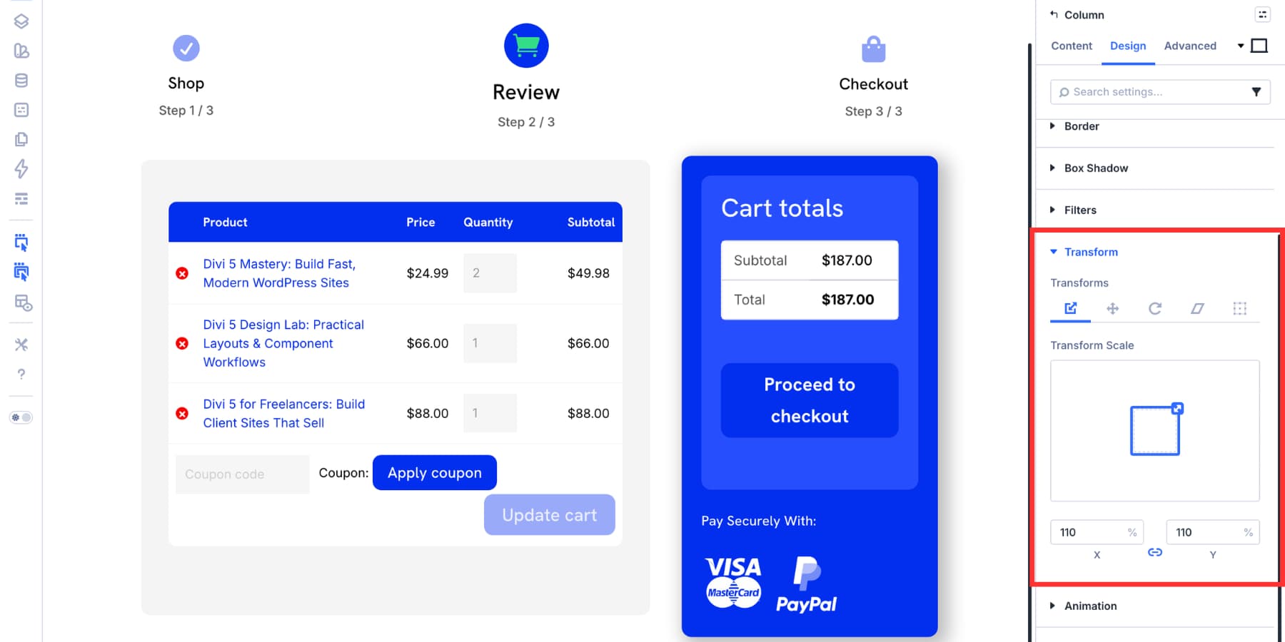 add transform scale to the cart totals column in Divi 5