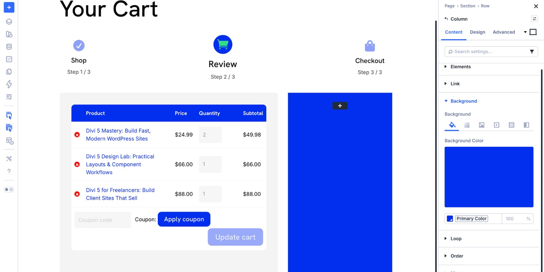 add a background color to the cart totals sidebar column in Divi 5