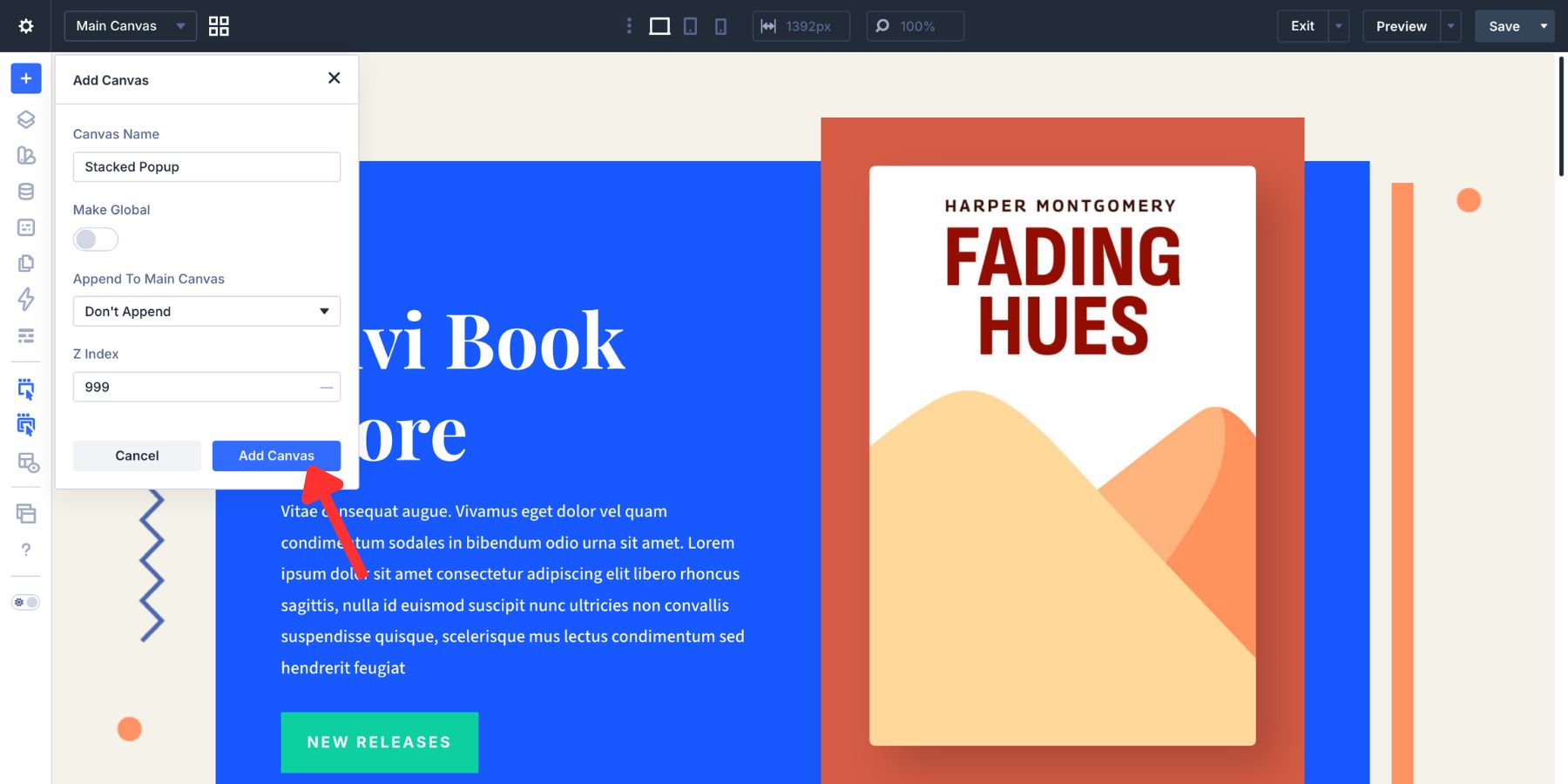Adding a new Canvas for the email popup in Divi 5